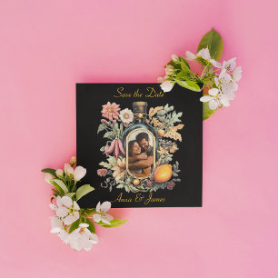 botanical wine bottle, save the date holiday card