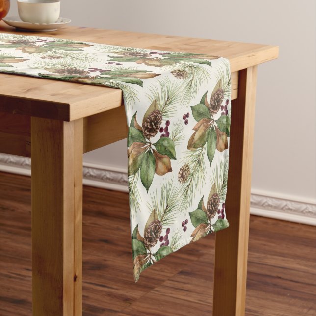 Botanical Winter Pine and Magnolia Holiday Decor Medium Table Runner (In Situ)