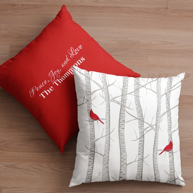 Botanical Winter Red Cardinal Botanical Woodland Cushion (Red cardinal and birch tree custom winter throw pillow)