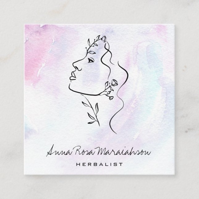 *~* Botanical  Woman Line Art Goddess Greenery QR Square Business Card (Front)