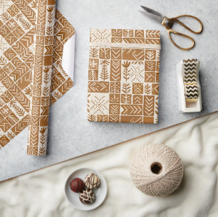 Botanical Woodblock Mudcloth Terracotta Wrapping Paper