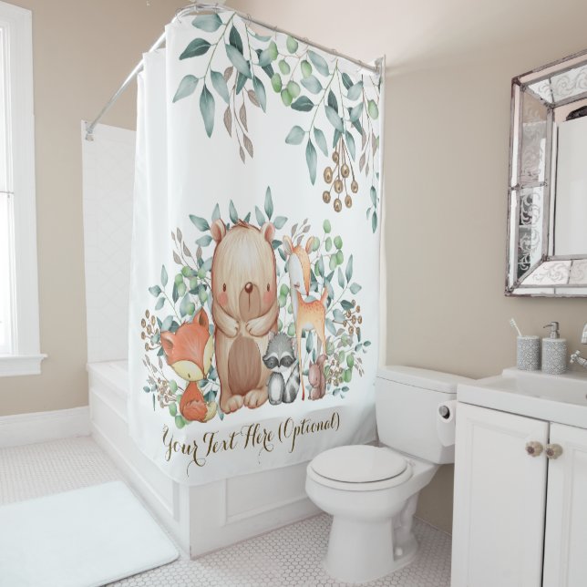 Botanical Woodland / Cute Forest Baby Animals Shower Curtain (In Situ)