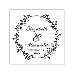 Botanical Wreath Bride Groom Names Date SC Wedding Self-inking Stamp