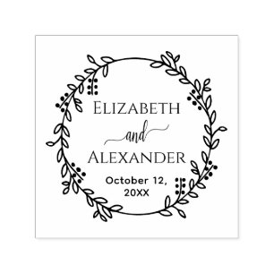Botanical Wreath Bride Groom Names Date Wedding Self-inking Stamp