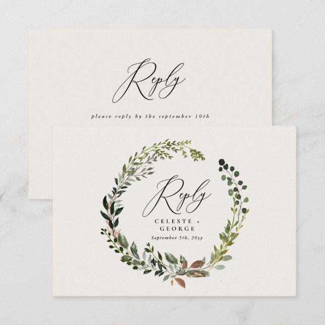 Botanical wreath elegant wedding reply RSVP card (Front/Back)