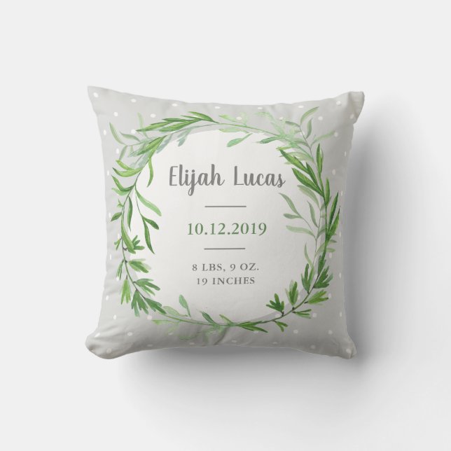 Botanical Wreath | Gender Neutral Baby Birth Stats Cushion (Front)