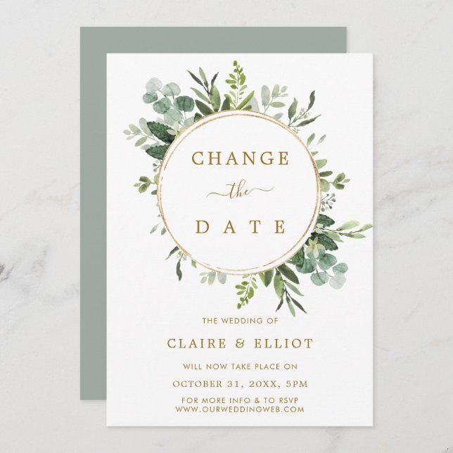 Botanical Wreath Gold Wedding Change the Date Invitation (Front/Back)