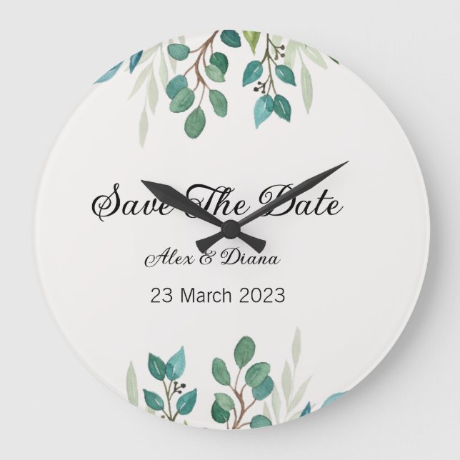 Botanical wreath Greenery square save the Date  Large Clock (Front)