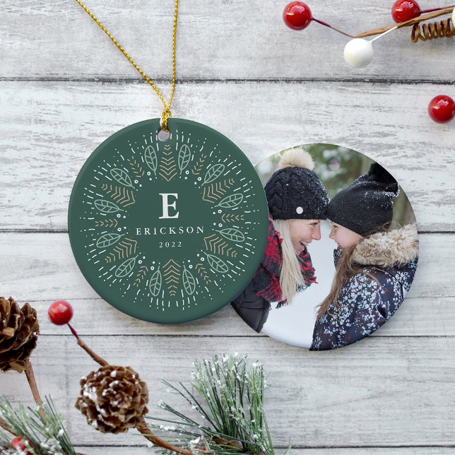 Botanical Wreath Holiday Monogram & Photo Ceramic Tree Decoration (Creator Uploaded)