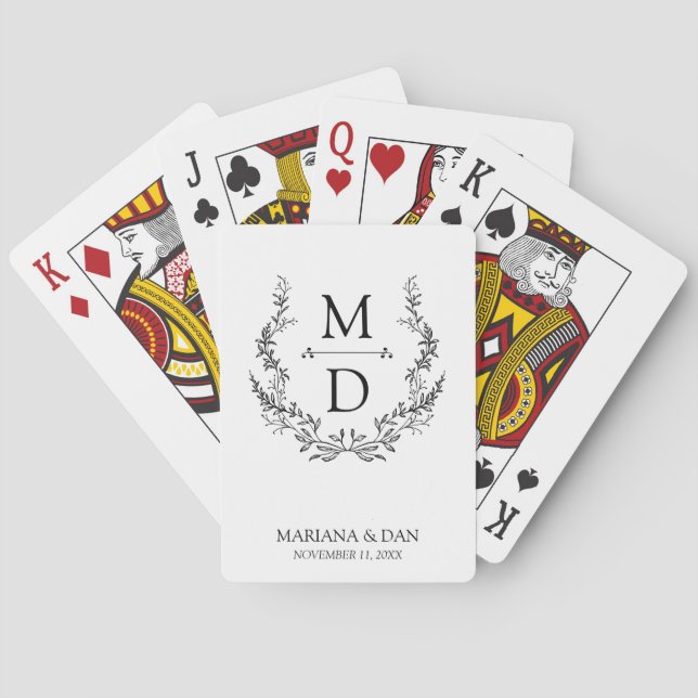 botanical wreath initials monogram wedding playing cards (Back)