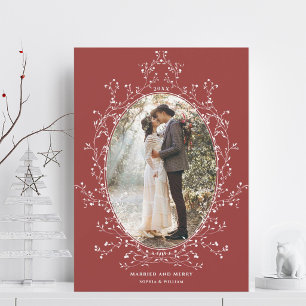 Botanical Wreath Married and Merry Photo Red Holiday Card