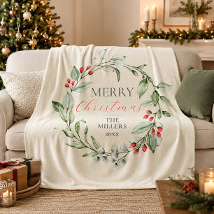 Botanical Wreath Merry Christmas Family Name Fleece Blanket