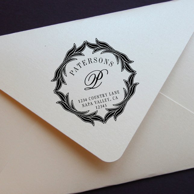 Botanical Wreath Monogram Return Address Rubber Stamp (Creator Uploaded)