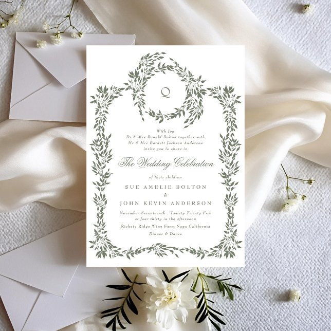 Botanical Wreath Monogram Sage Green Wedding Invitation (Creator Uploaded)