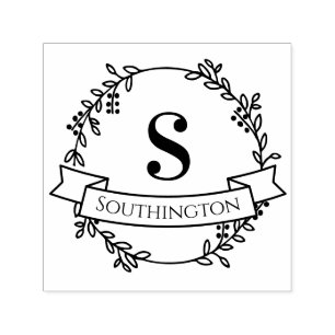 Botanical Wreath One Initial Wedding Banner#4 Name Self-inking Stamp