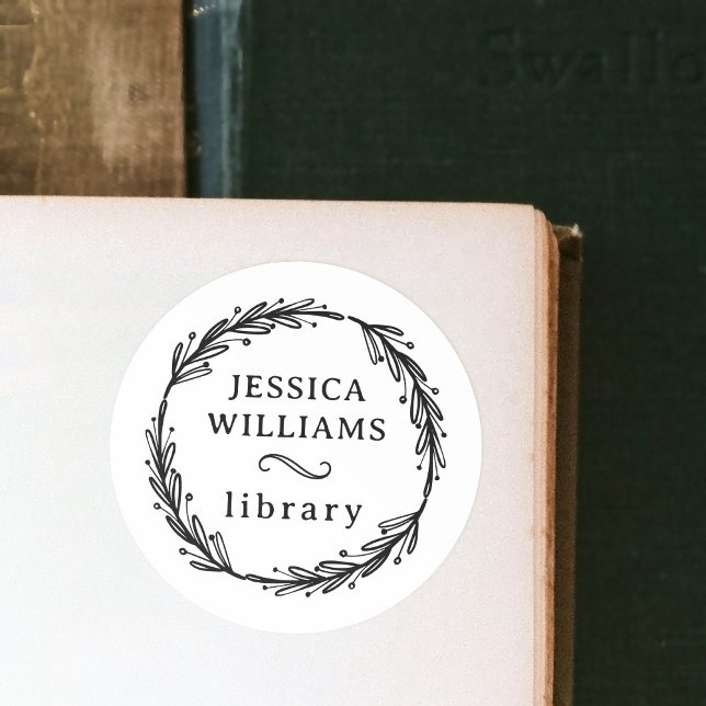 Botanical Wreath Personal Library Name Bookplate Classic Round Sticker (Creator Uploaded)