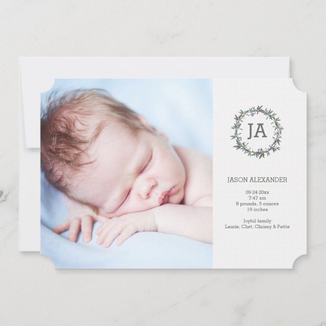 Botanical Wreath Photo Birth Announcement (Front)