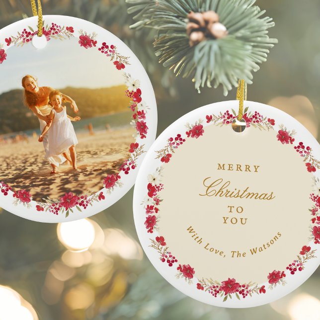 botanical wreath photo merry christmas to you ceramic ornament (Creator Uploaded)