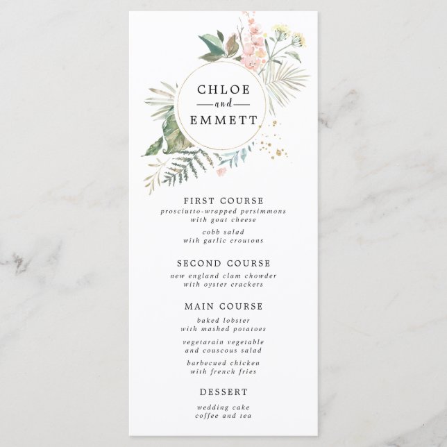 Botanical Wreath Pink Floral Gold Wedding Menu (Front)