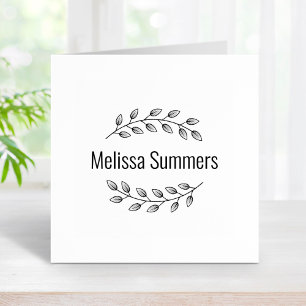 Botanical Wreath Top Bottom Branch Custom Name Rubber Stamp