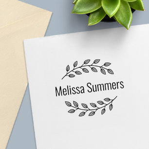 Botanical Wreath Top Bottom Branch Custom Name Self-inking Stamp