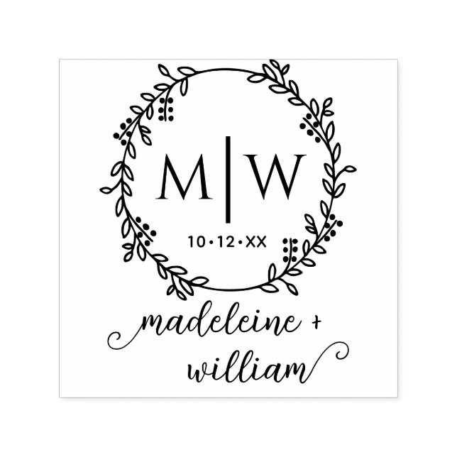 Botanical Wreath Two Init Names Wedding Monogram Self-inking Stamp (Design)