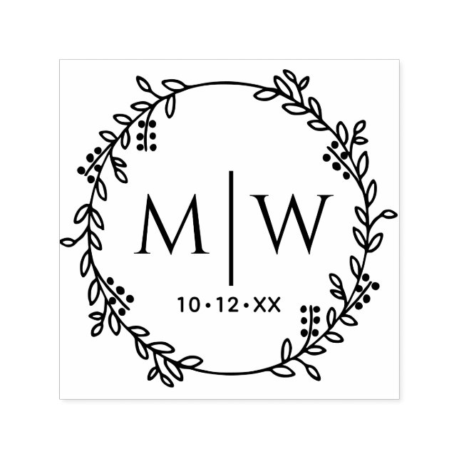 Botanical Wreath Two Initial Wedding Monogram Self-inking Stamp (Design)