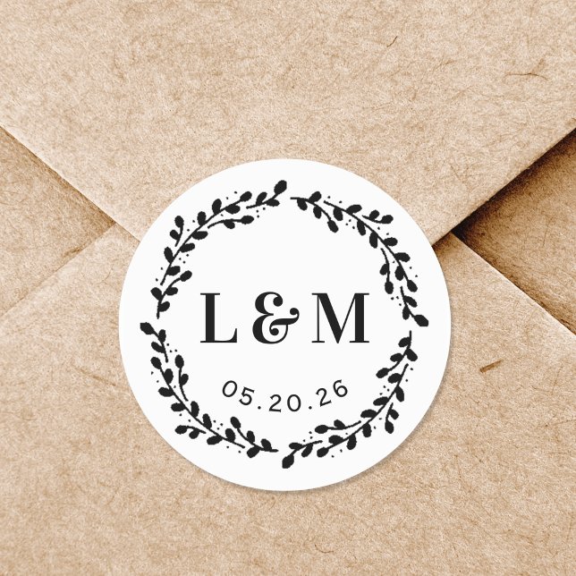 Botanical Wreath Wedding Monogram Classic Round Sticker (Creator Uploaded)