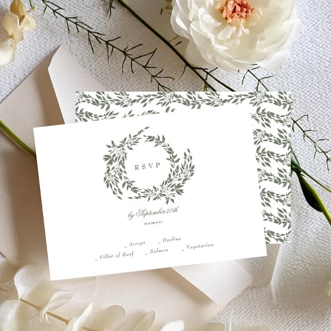 Botanical Wreath White Green Classic Wedding RSVP Card (Creator Uploaded)