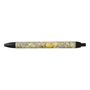Botanical yellow flowers pattern black ink pen