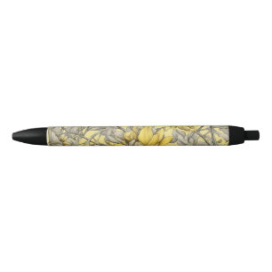 Botanical yellow flowers pattern black ink pen