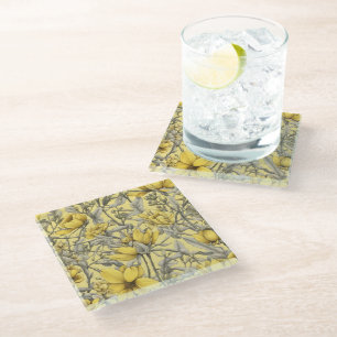 Botanical yellow flowers pattern glass coaster