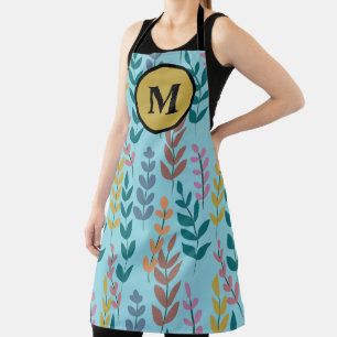 Botanical Yellow Grey Blue Orange Pink Monogram Apron