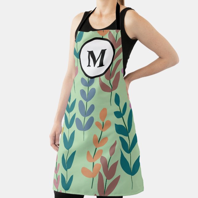 Botanical Yellow Grey Blue Orange Pink Monogram Apron (Insitu)