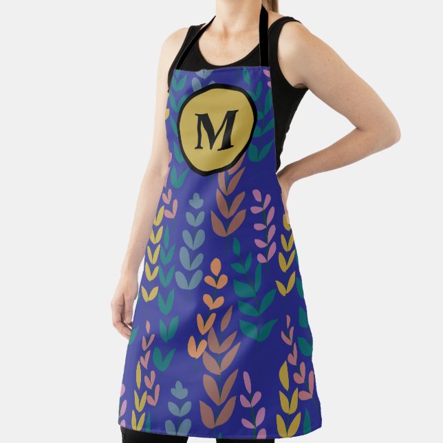 Botanical Yellow Grey Blue Orange Pink Monogram Apron (Insitu)