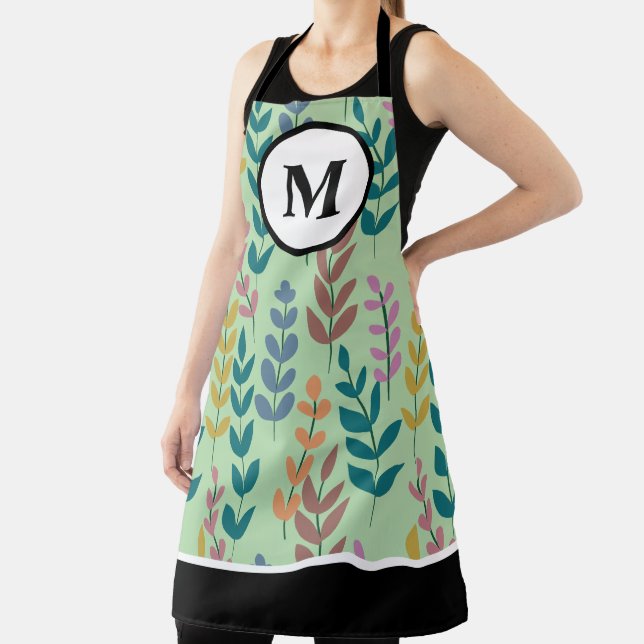 Botanical Yellow Grey Blue Orange Pink Monogram Apron (Insitu)