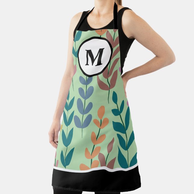 Botanical Yellow Grey Blue Orange Pink Monogram Apron (Insitu)