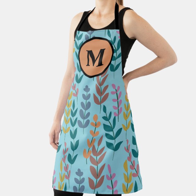 Botanical Yellow Grey Blue Orange Pink Monogram Apron (Insitu)