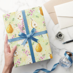 Botanical Yellow Pears & Spring Blossoms Watercolo Wrapping Paper