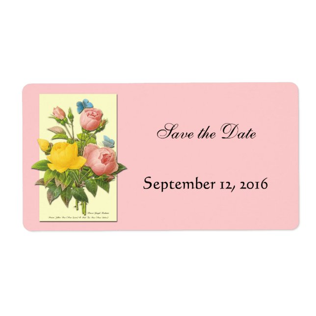 Botanical Yellow Pink Roses Save the Date Labels (Front)
