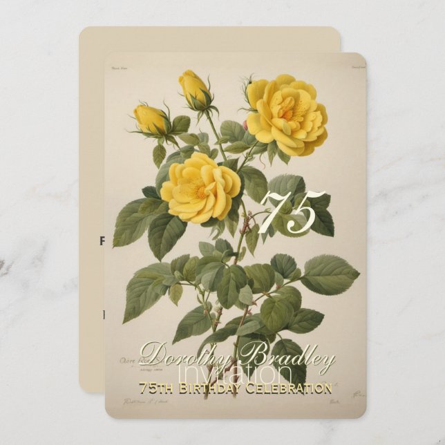Botanical Yellow Rose 75th Birthday Invitation (Front/Back)