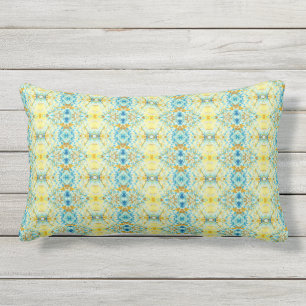 Botanical Yellow Teal Blue Outdoor Lumbar Pillow