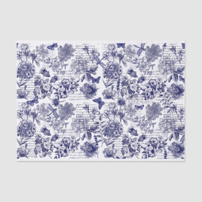 Botanicals in blue with script decoupage tissue paper (Front)