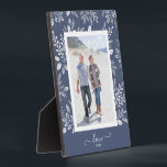 Botanicals on Blue Easel Back Frameless Photo Plaque<br><div class="desc">Tabletop plaque with a built-in easel features your favorite photo surrounded with a beautiful border of white foliage, dots and berries on a denim blue background. CHANGE the background color to MATCH your photo. CHANGE the LOVE text to anything - TIP: put your text between the two squares to retain...</div>