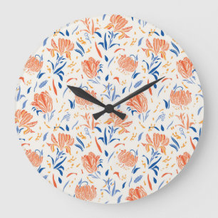 Botany linocut baroque: floral seamless background large clock
