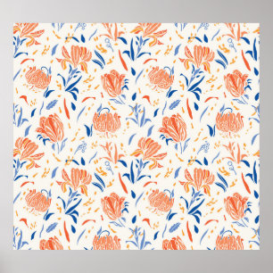 Botany linocut baroque: floral seamless background poster