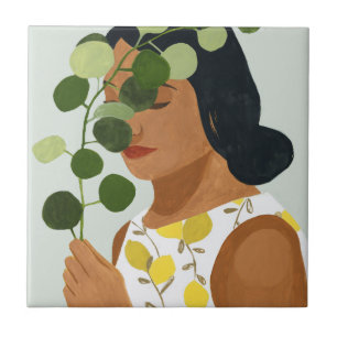 Botany Portrait - Woman with Greenery Ceramic Tile