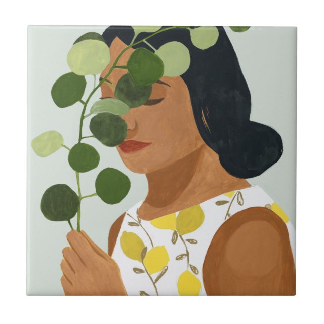 Botany Portrait - Woman with Greenery Ceramic Tile (Front)