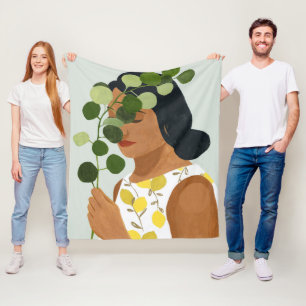 Botany Portrait - Woman with Greenery Fleece Blanket