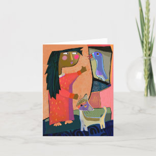 Botello's Girl, Cat, and Bird BLANK Greeting Card